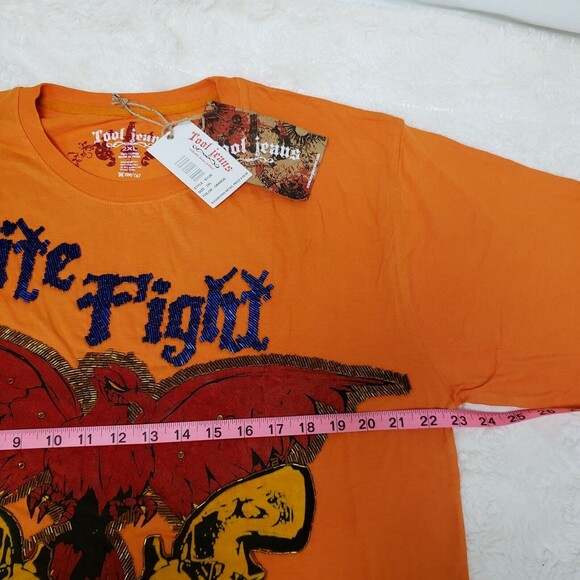 Y2K TOOL JEANS Size 2XL Y2K Orange Embellished Embroidered Beads T-shirt Tee - Picture 7 of 10